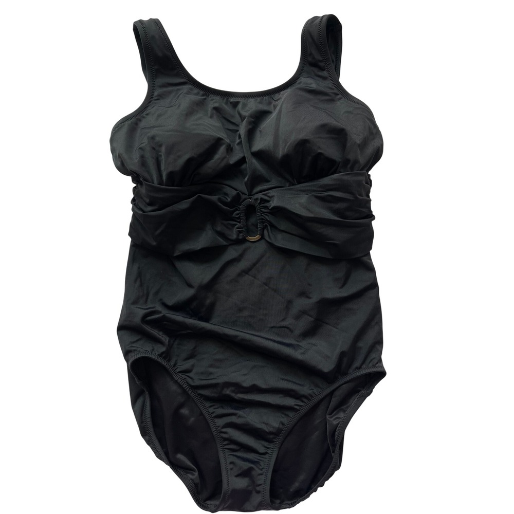 Lands' End Womens Black One‎ Piece Swimsuit Ring Detail Gathered Front 12L Long